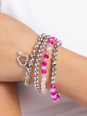 Silver Hot Pink & Iridescent Beaded Heart Bracelet Set